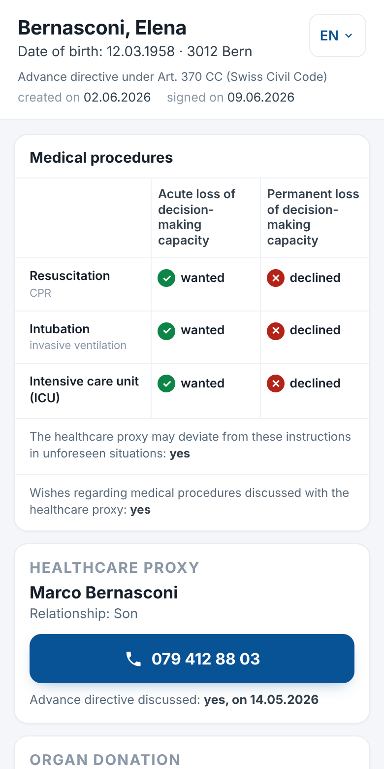 Elena Bernasconi's advance directive (sample data) displayed on a smartphone